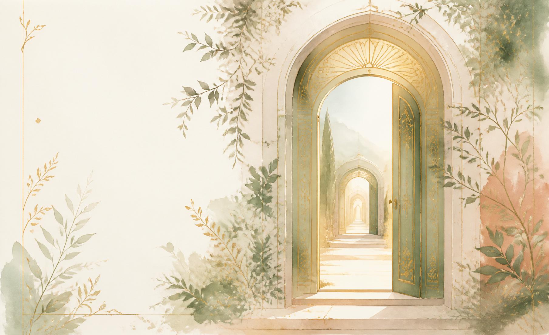 Puertas iluminadas en un paisaje de acuarela